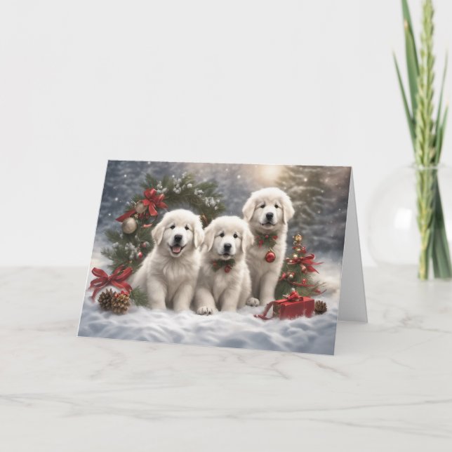 Great Pyrenees Puppies 2 Winter Xmas  Scene Card (Front)