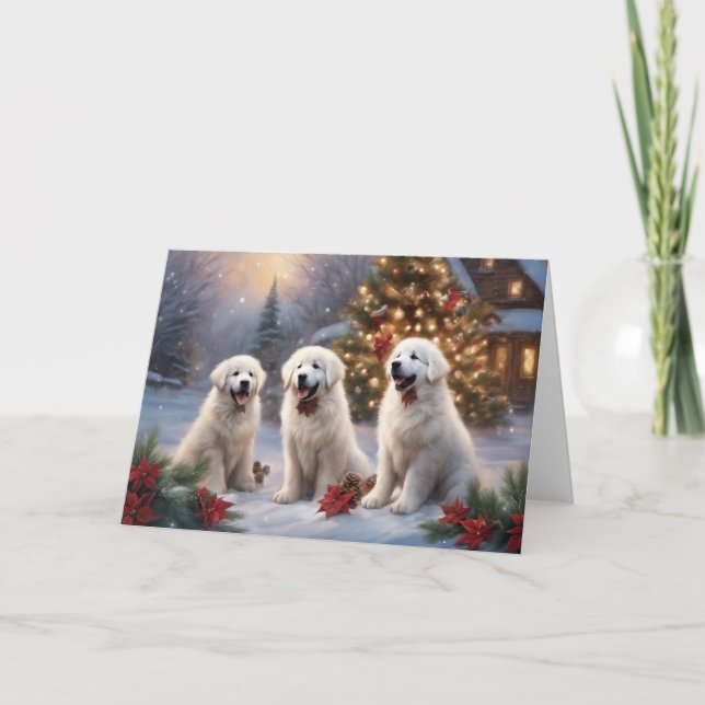 Great Pyrenees Puppies 4 Winter Xmas Scene Card (Front)