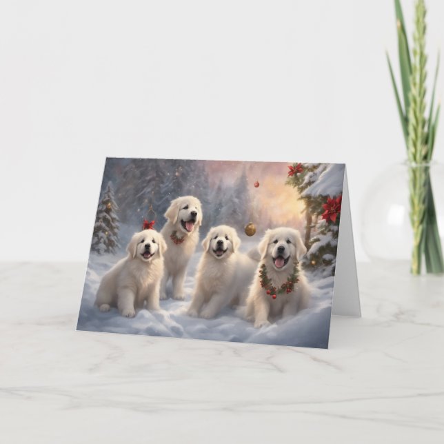 Great Pyrenees Puppies 5 Winter Xmas Scene Card (Front)