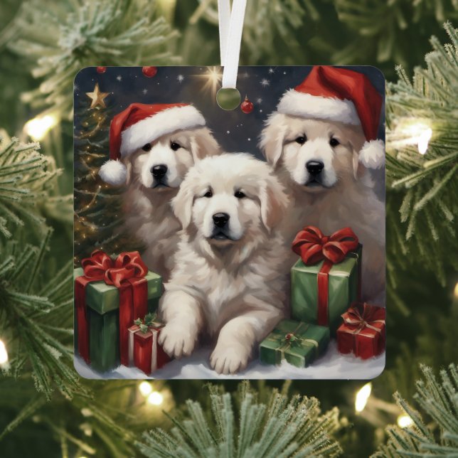 Great Pyrenees Puppies Gifts Xmas Scene 1 Metal Tree Decoration (Insitu)