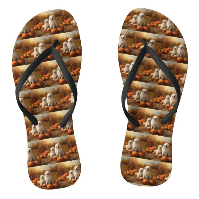 Great Pyrenees Puppy Autumn Delight Pumpkin  Flip Flops (Footbed)