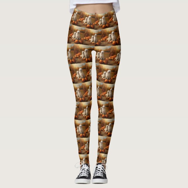 Great Pyrenees Puppy Autumn Delight Pumpkin  Leggings (Front)