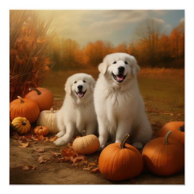 Great Pyrenees Puppy Autumn Delight Pumpkin  Poster (Front)