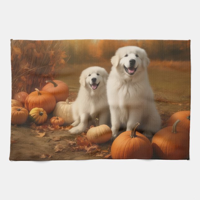 Great Pyrenees Puppy Autumn Delight Pumpkin  Tea Towel (Horizontal)