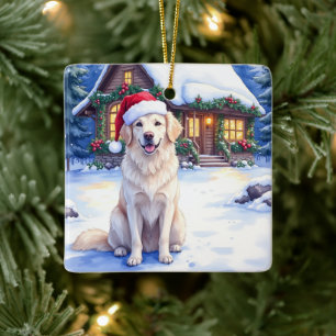 Great Pyrenees Snowy Mountain Lodge Santa Hat Ceramic Ornament
