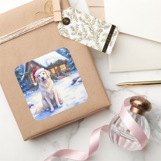 Great Pyrenees Snowy Mountain Lodge Santa Hat Square Sticker (Gifting)