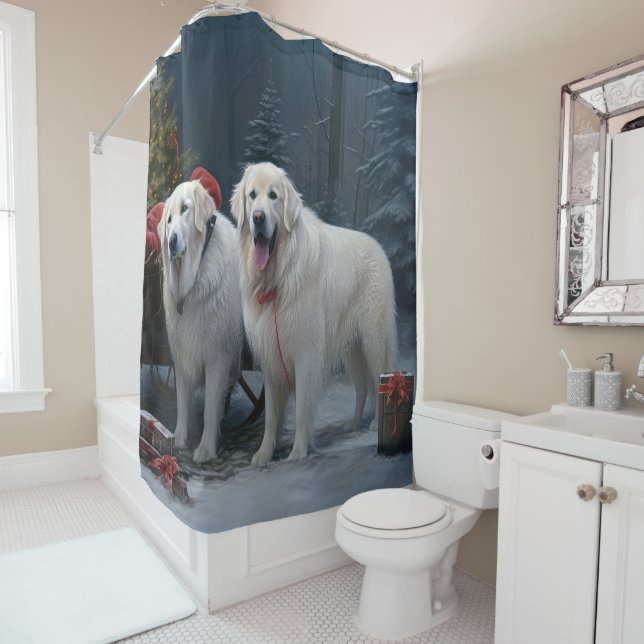 Great Pyrenees Snowy Sleigh Christmas Decor Shower Curtain (In Situ)