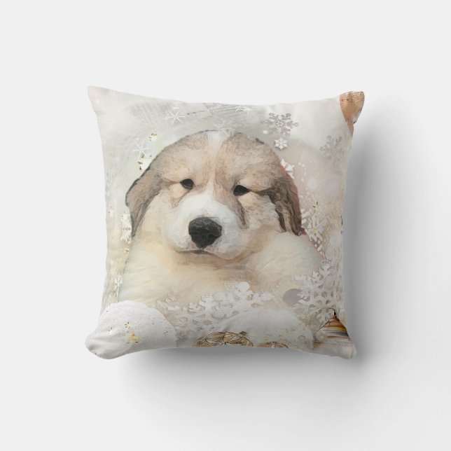 Great Pyrenees Watercolor Puppy Holiday Cushion (Front)
