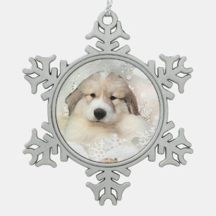 Great Pyrenees Watercolor Puppy Holiday Snowflake Pewter Christmas Ornament