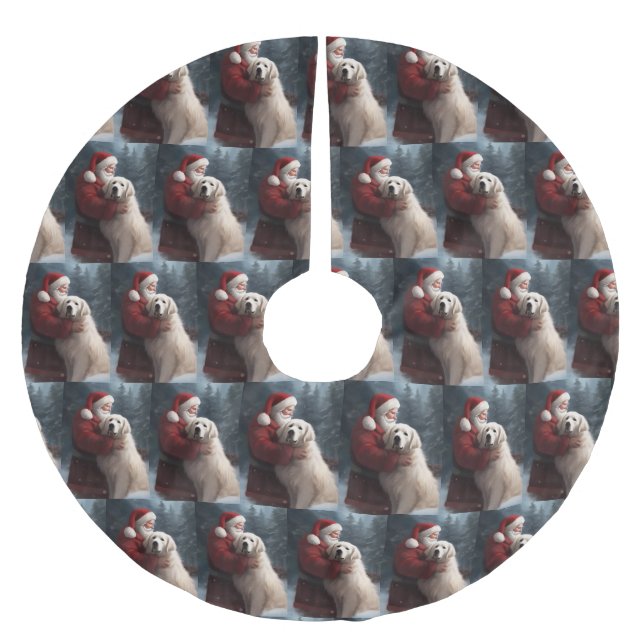 Great Pyrenees With Santa Claus Festive Christmas Brushed Polyester Tree Skirt (Front)