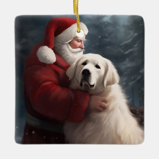 Great Pyrenees With Santa Claus Festive Christmas Ceramic Ornament (Front)