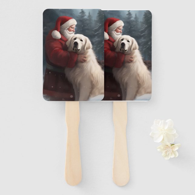 Great Pyrenees With Santa Claus Festive Christmas Hand Fan (Front and Back)