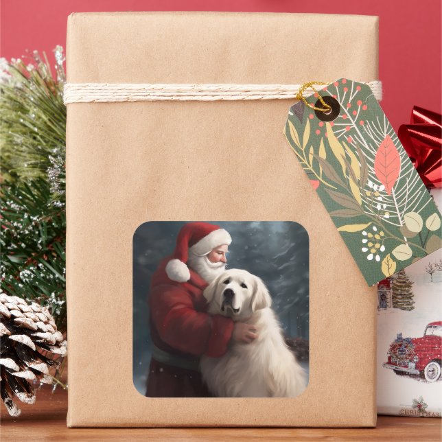Great Pyrenees With Santa Claus Festive Christmas Square Sticker (Holiday)