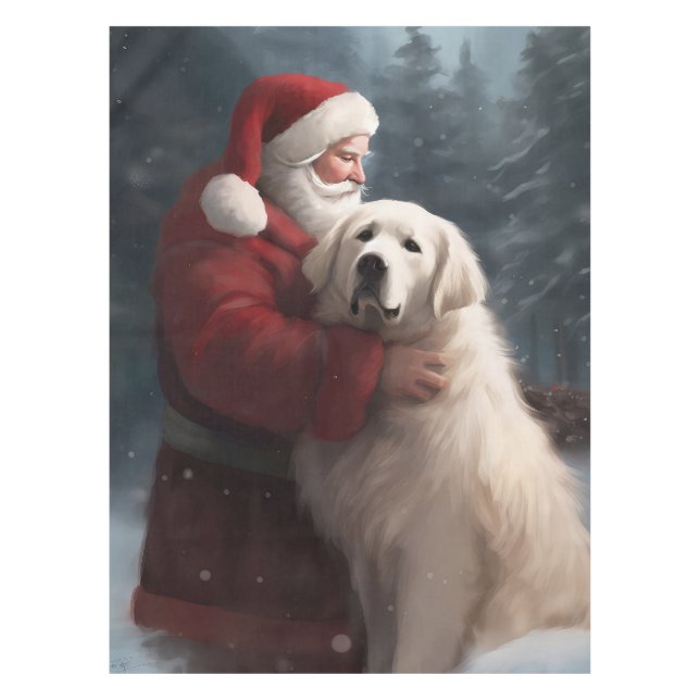 Great Pyrenees With Santa Claus Festive Christmas Tablecloth (Front)