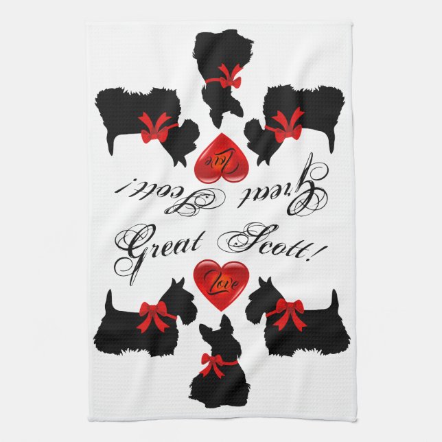 "Great Scott !",Scottish Terrier/red love heart Tea Towel (Vertical)