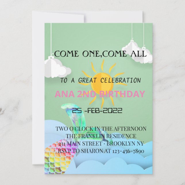 Great sea sky design and mermaids for your princes invitation (Front)