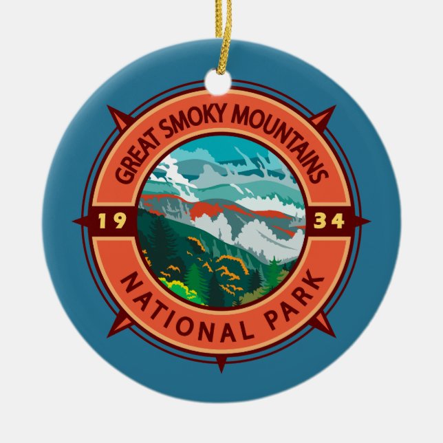 Great Smoky Mountains National Park Retro Compass Ceramic Tree Decoration (Front)