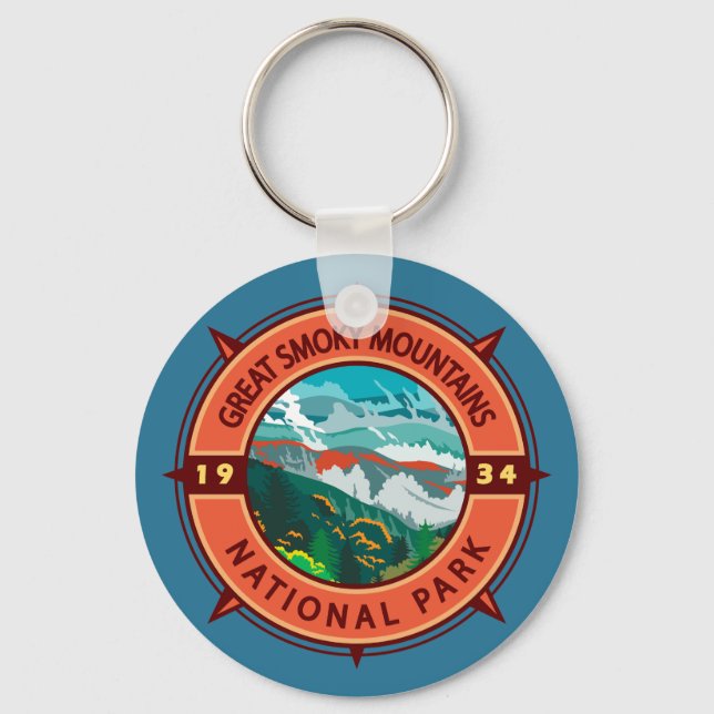Great Smoky Mountains National Park Retro Compass Key Ring (Front)