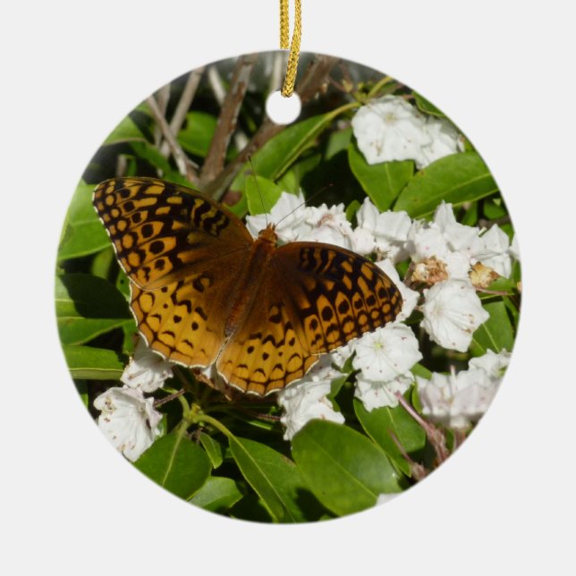 Great Spangled Fritillary on Mountain Laurel Ceramic Tree Decoration (Front)
