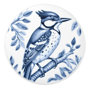 Great Spotted Woodpecker Bird Delft Blue and White Ceramic Knob