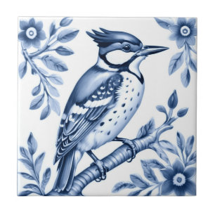 Great Spotted Woodpecker Bird Delft Blue and White Tile