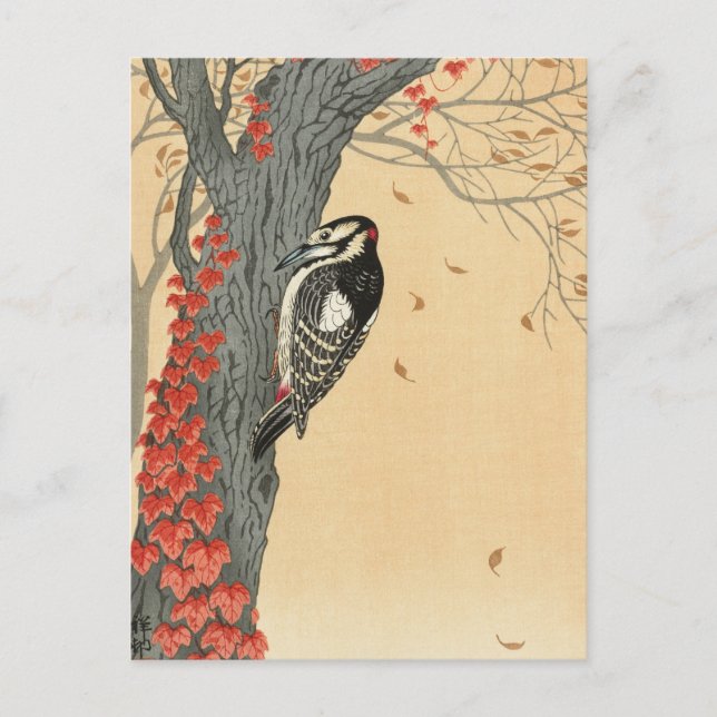 Great Spotted Woodpecker in Tree with Red Ivy Postcard (Front)