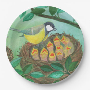 Great Tit and Baby Birds in Spring Illustration Paper Plate