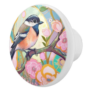 Great Tit Bird Chickadee Pink Flower Floral Ceramic Knob