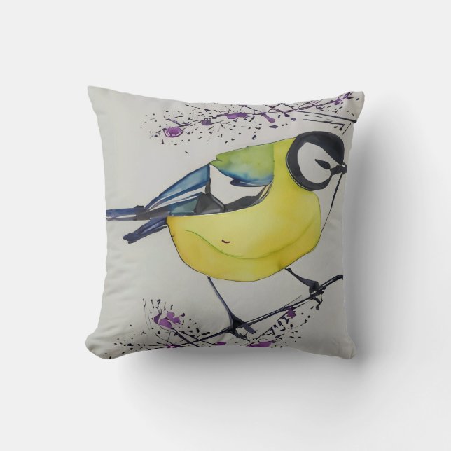 Great Tit Bird Drawing, Hand Drawn British Bird Cushion (Front)