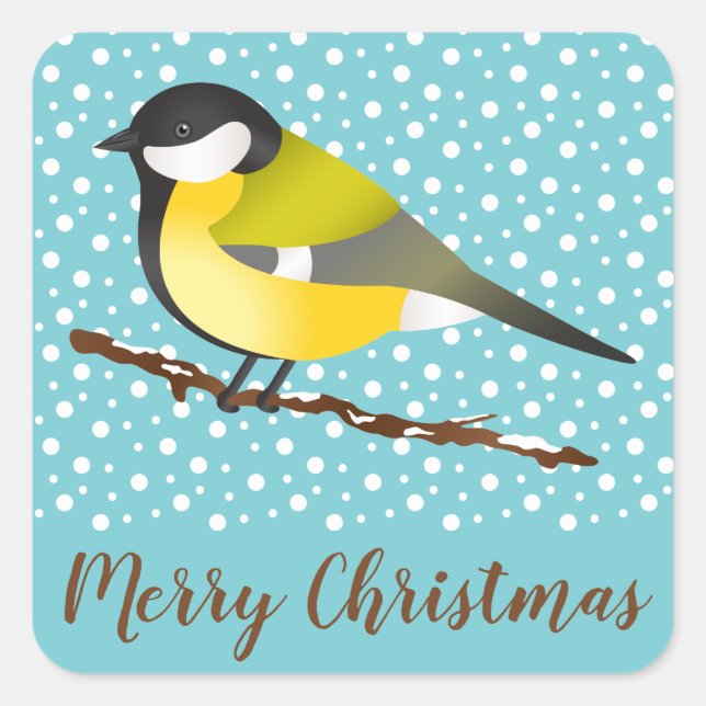 Great Tit Bird Snowing Blue Winter Merry Christmas Square Sticker (Front)