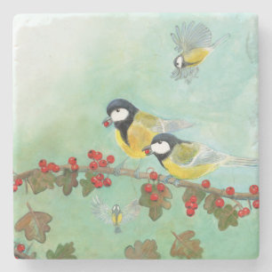 Great Tit Birds & Hawthorn Red Berries Stone Coaster