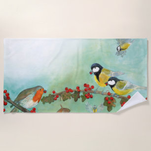 Great Tit Birds, Red Robin & Hawthorn Berries Beach Towel