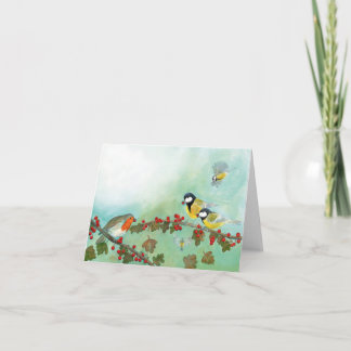 Great Tit Birds, Red Robin & Hawthorn Berries Card