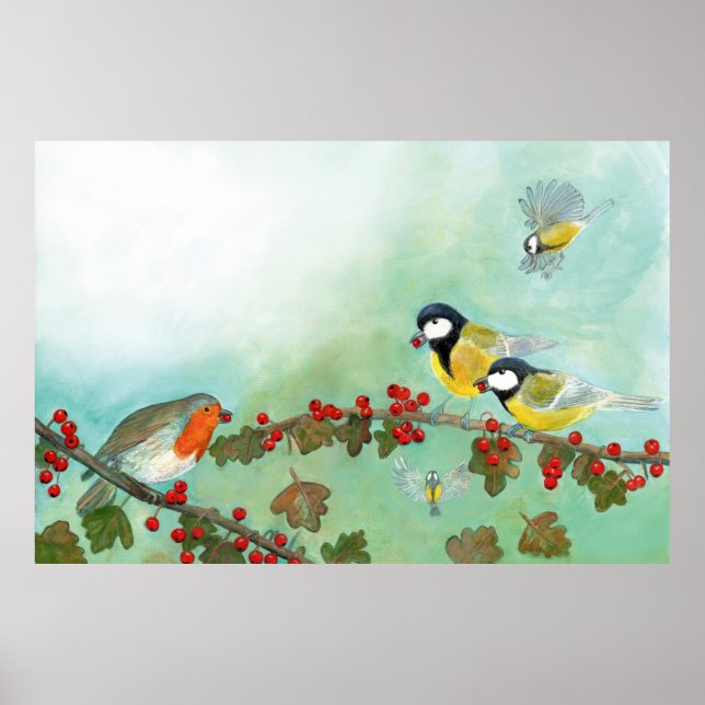 Great Tit Birds, Red Robin & Hawthorn Berries   Poster (Front)