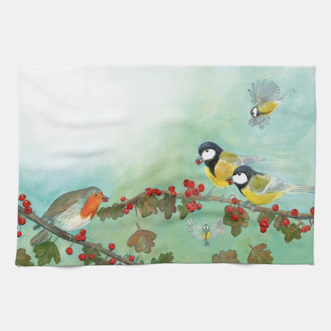 Great Tit Birds, Red Robin & Hawthorn Berries   Tea Towel (Horizontal)