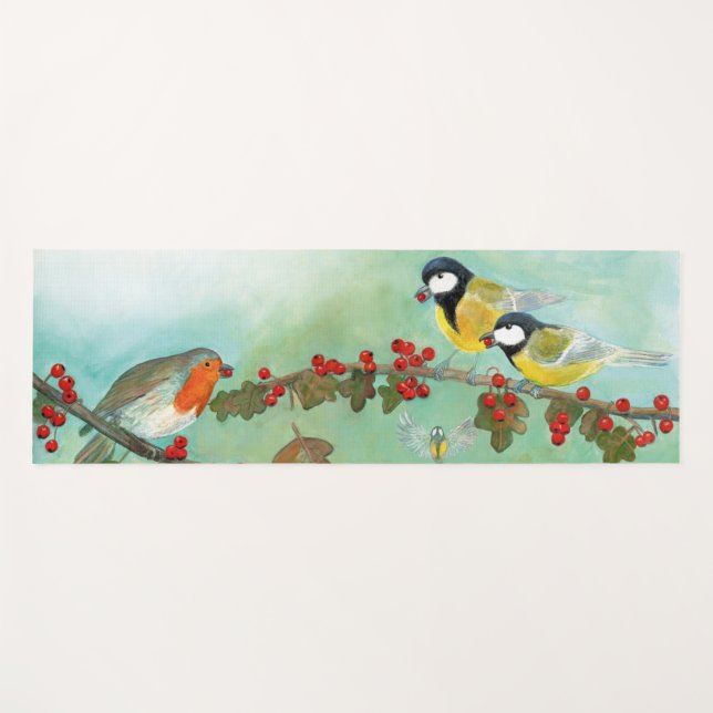 Great Tit Birds, Red Robin & Hawthorn Berries  Yoga Mat (Front (Horizontal))