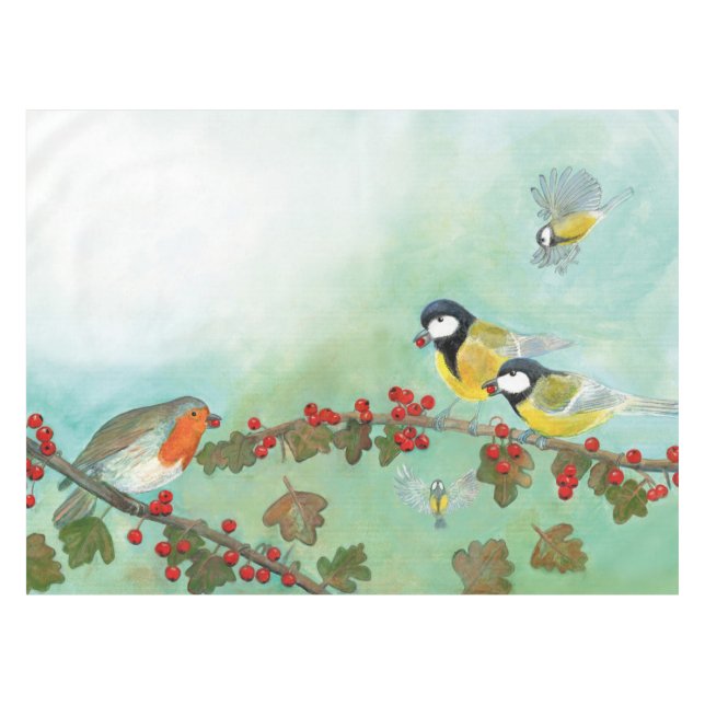 Great Tit Birds, Red Robin & Hawthorn  Tablecloth (Front (Horizontal))