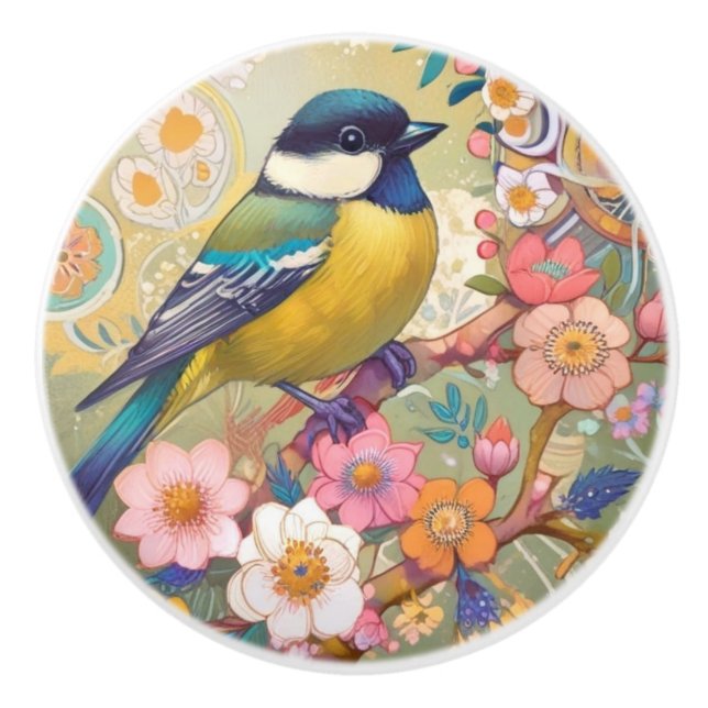 Great Tit Chickadee Bird Colourful Floral Flowers Ceramic Knob (Front)