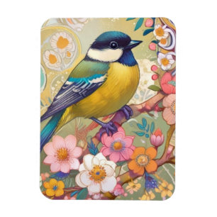 Great Tit Chickadee Bird Colourful Floral Flowers Magnet