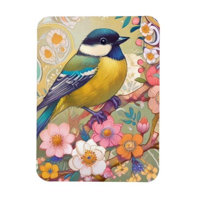 Great Tit Chickadee Bird Colourful Floral Flowers Magnet (Vertical)