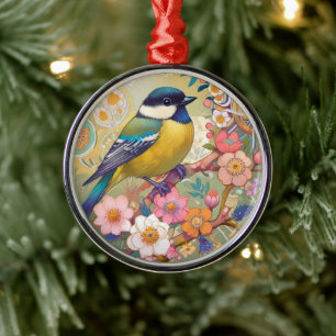 Great Tit Chickadee Bird Colourful Floral Flowers Metal Tree Decoration