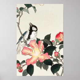 Great Tit on Pink Flowers by Ohara Koson Poster
