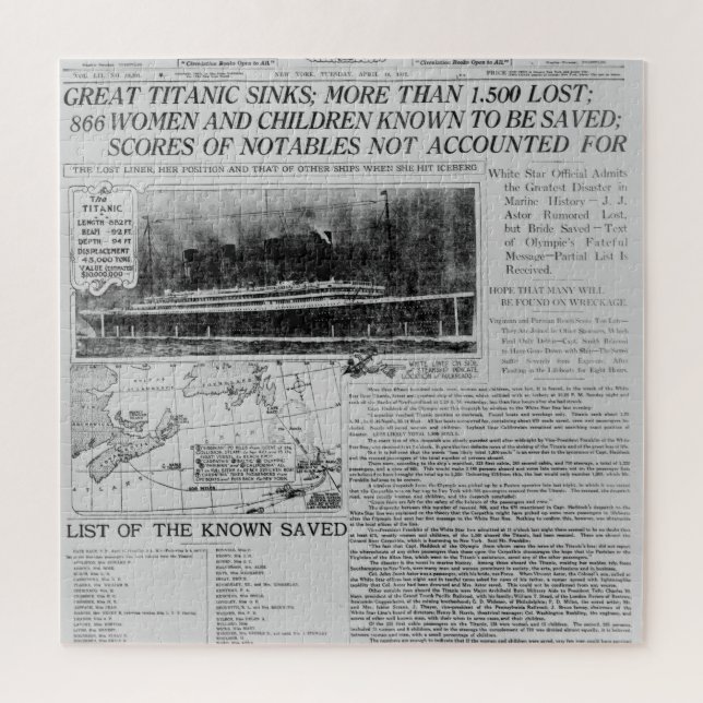Great Titanic Sinks! Vintage Newspaper Headlines Jigsaw Puzzle (Vertical)