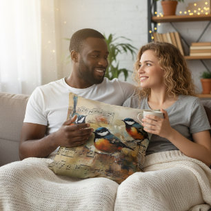 Great Titmouse bird painted on partiture Cushion