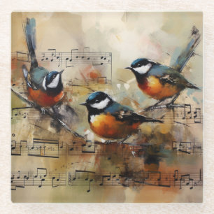 Great Titmouse bird painted on partiture Glass Coaster