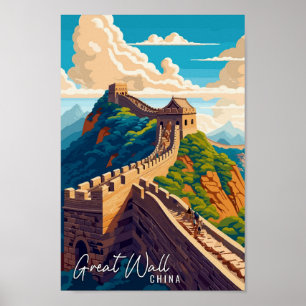 Great Wall China Art vintage travel illustration Poster