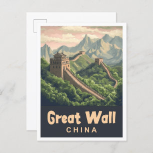 Great Wall China Vintage Travel Illustration Postcard