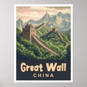 Great Wall China Vintage Travel Illustration Poster