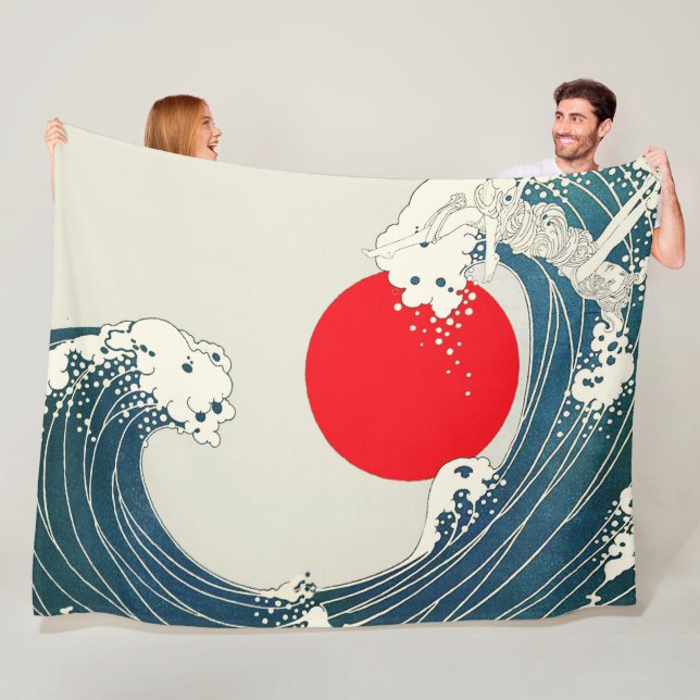 GREAT WAVE AND RED SUN Blue White Nautical Fleece Blanket (In Situ)