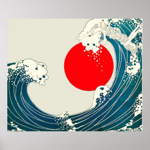 GREAT WAVE AND RED SUN Blue White Nautical Poster
